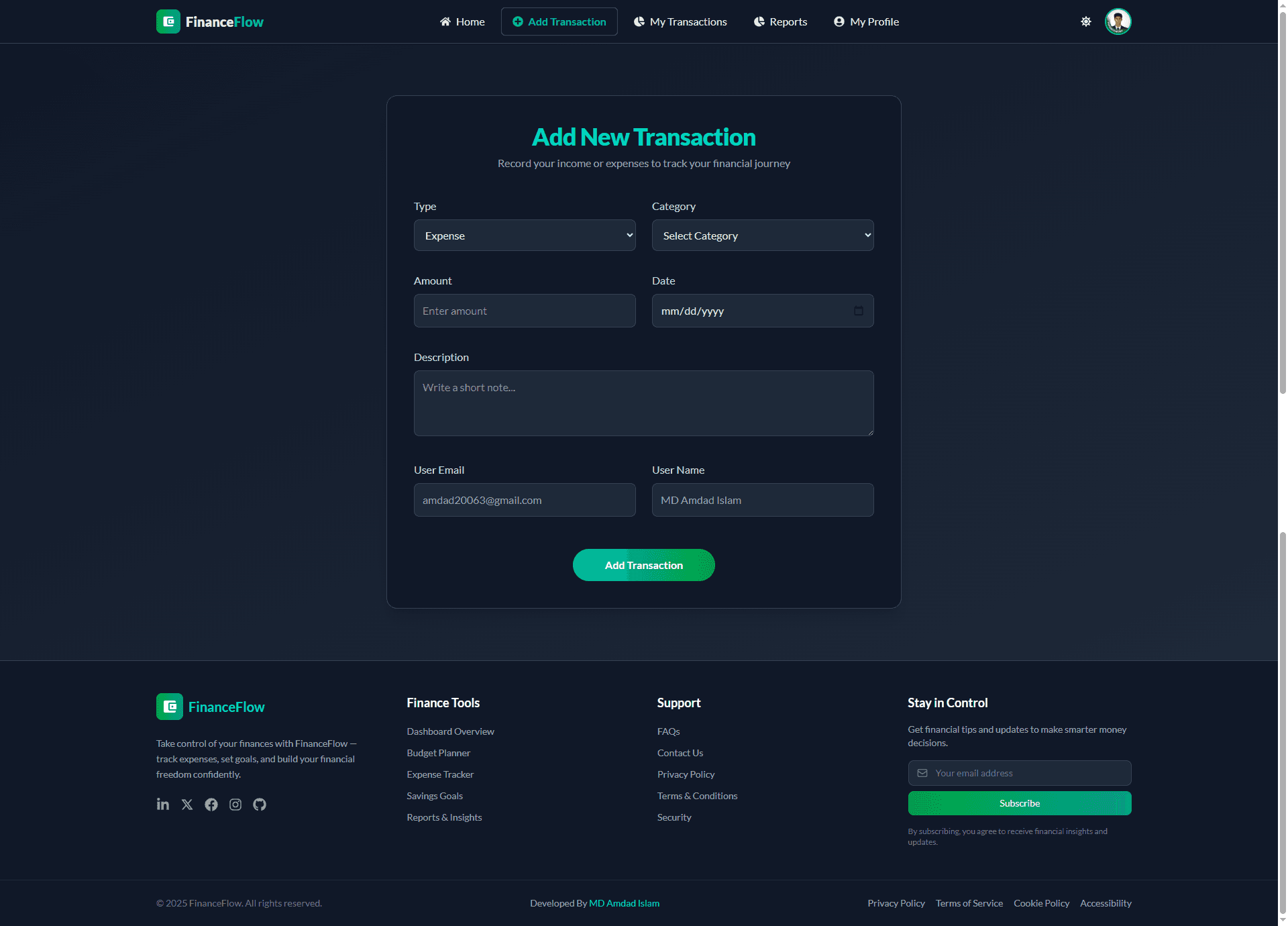 FinanceFlow- Personal Finance Screenshot 1 - MD Amdad Islam Portfolio